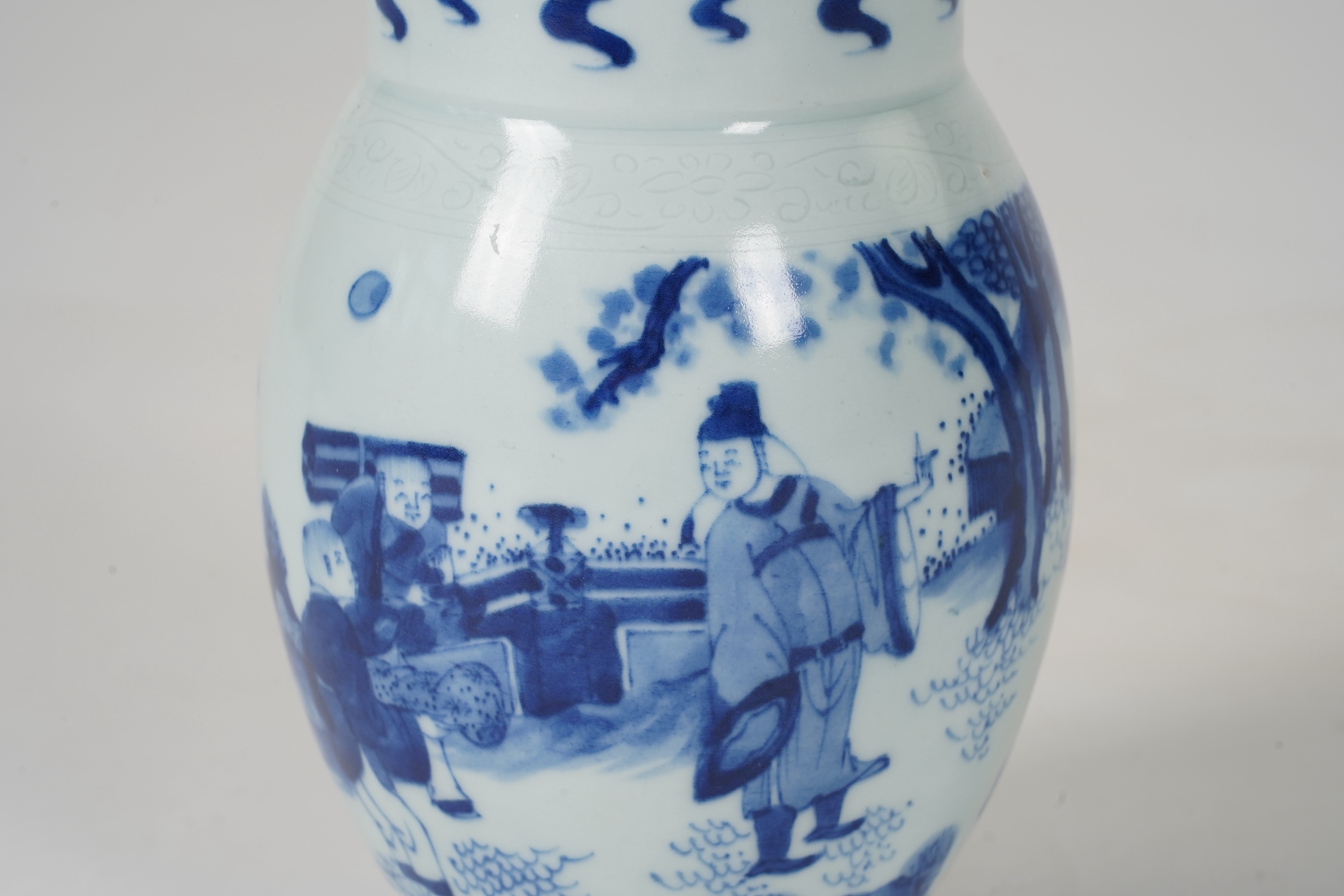 A Chinese blue and white ‘figures in garden’ jar and cover, Chongzhen or later